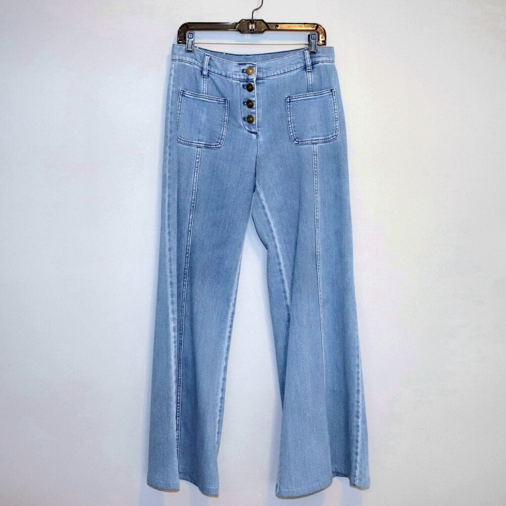 Chloe 6 / F 38 Denim Wide Flare Jeans Bell Bottom Button Fly Patch Pocket - Picture 4 of 15